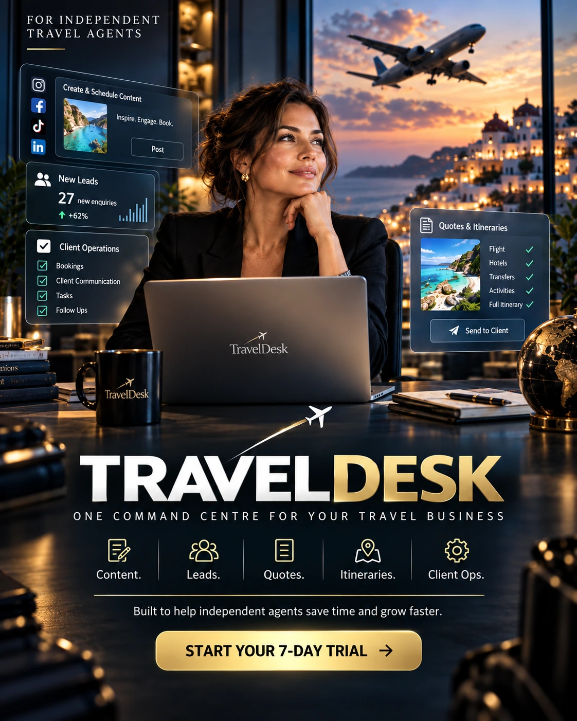 Illustrative Travel Desk command-centre concept showing an independent travel agent surrounded by example content, lead, quote, itinerary and client-operation panels